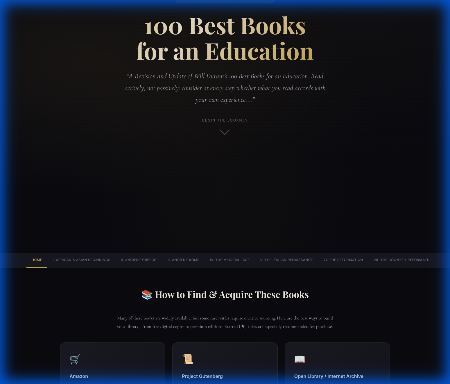 The rebuilt site: dark scholarly aesthetic, serif typography, navigational sections, interactive book cards, all from a single prompt.