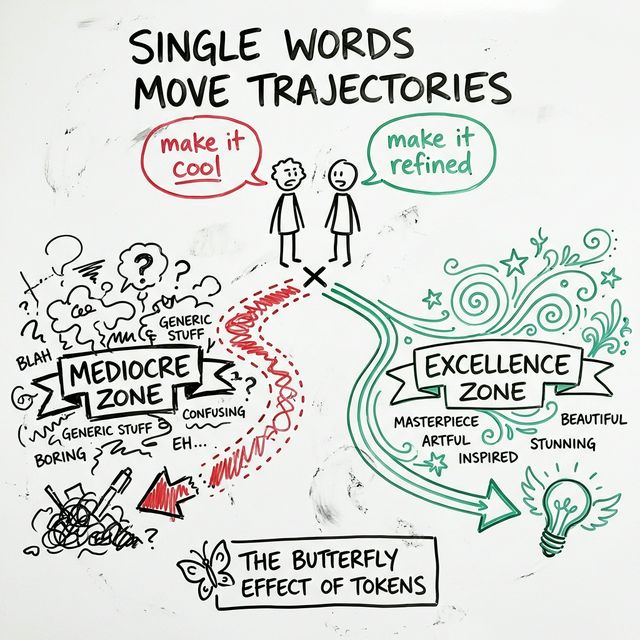 Single Words Move Trajectories: 'make it cool' leads to the mediocre zone. 'make it refined' leads to the excellence zone. The butterfly effect of tokens.
